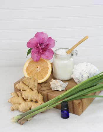herbal medicine making A jar of salt scrub and its ingredients.